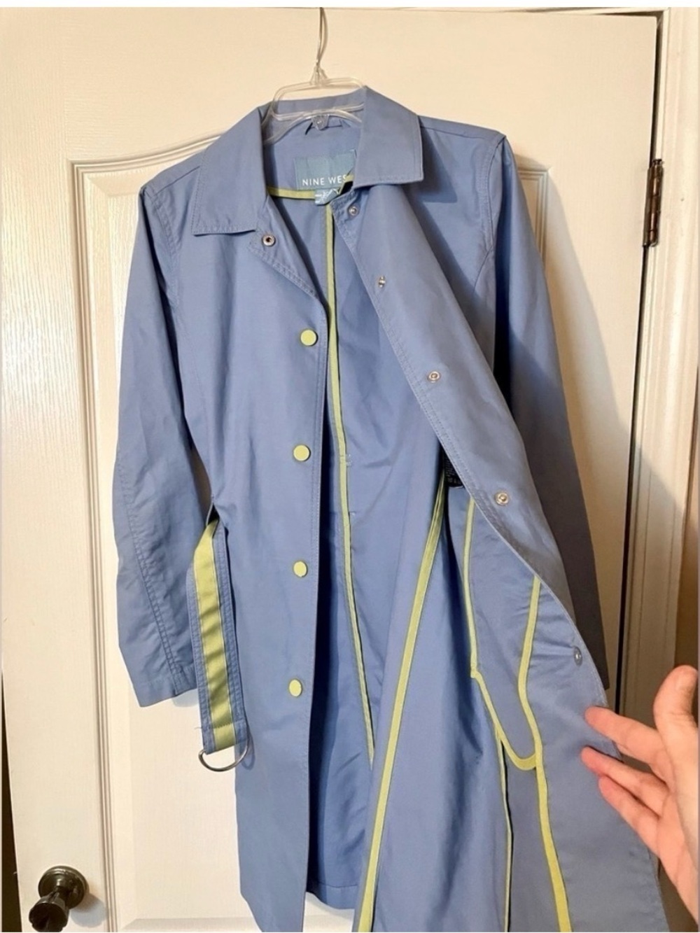 Nine West 90s Y2K Blue Rain Trench Coat Lime Green Trim Belted Size L  Coastal - Picture 3 of 9
